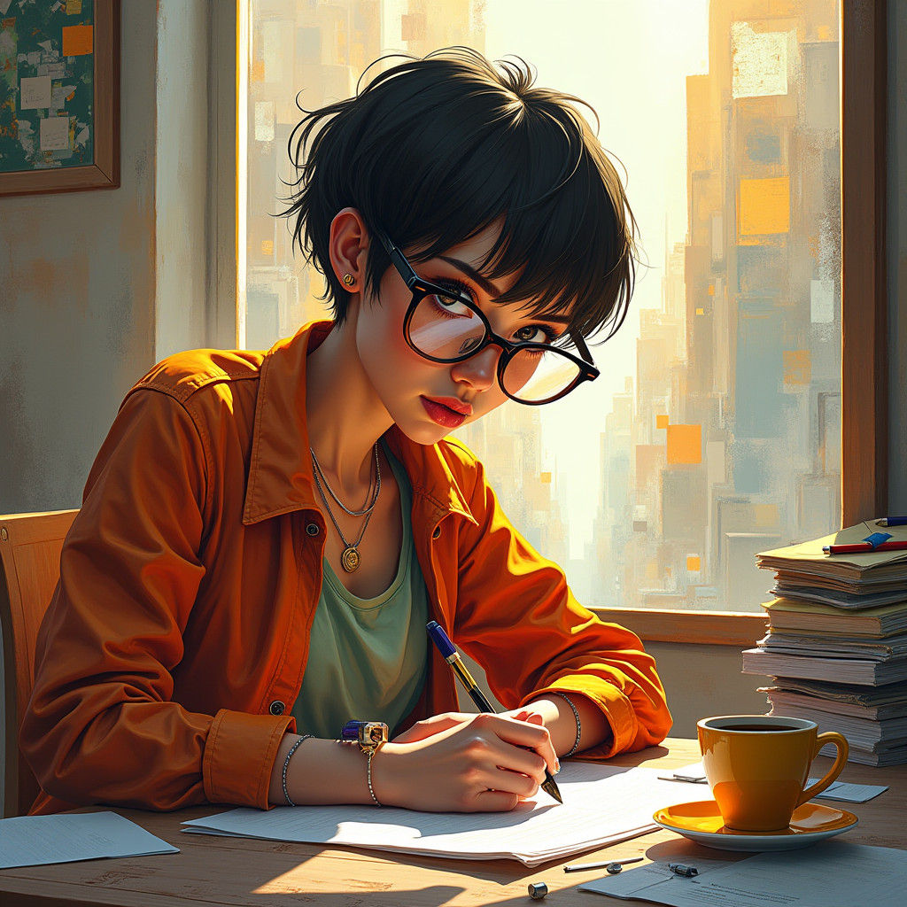 Focused Writer in a Vibrant Cityscape