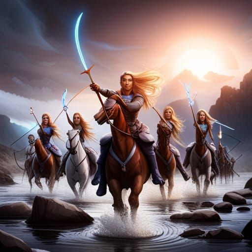 Diverse Female Warriors on Horses Ready for Battle