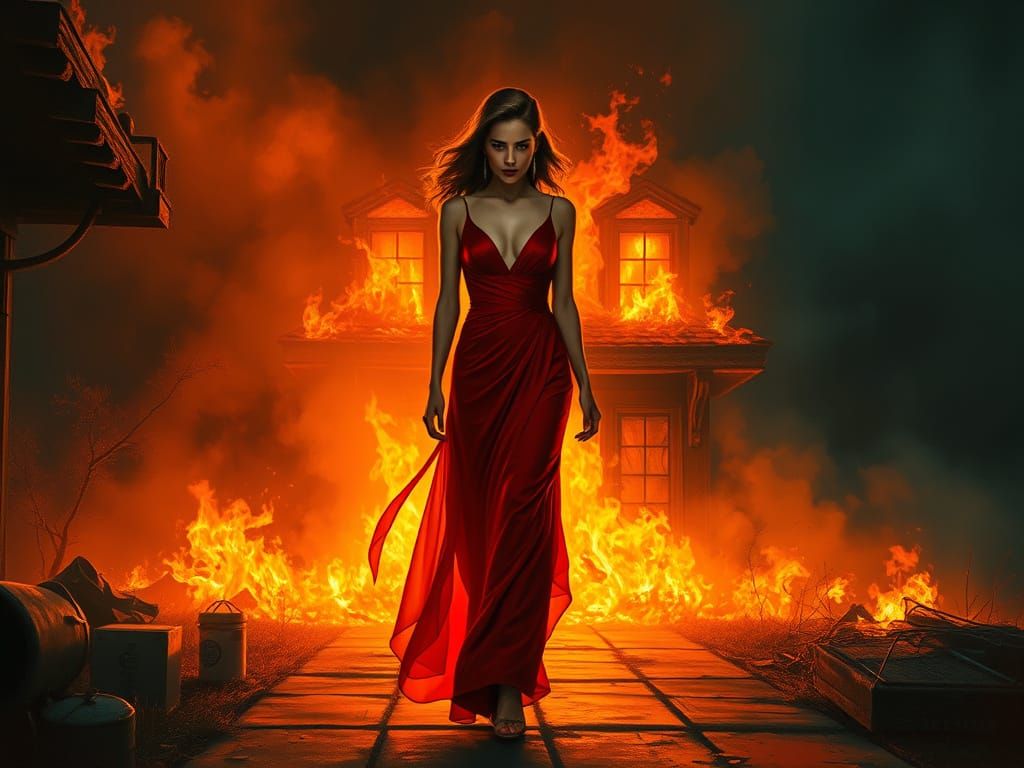 Woman Walks Away From Burning House, Cinematic Lighting