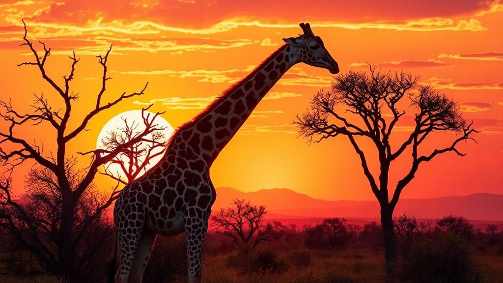 Giraffe Grazing at Sunset: Impressionist African Landscape