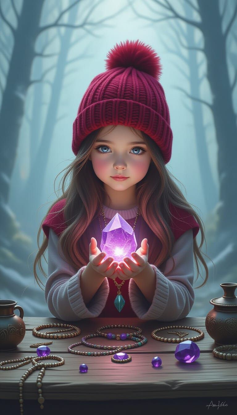 Enchanted Girl with Luminous Crystal in Misty Forest