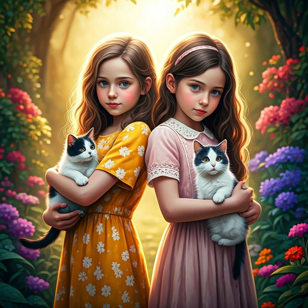 Girls with Cats in Dreamlike Garden, Fantasy Art