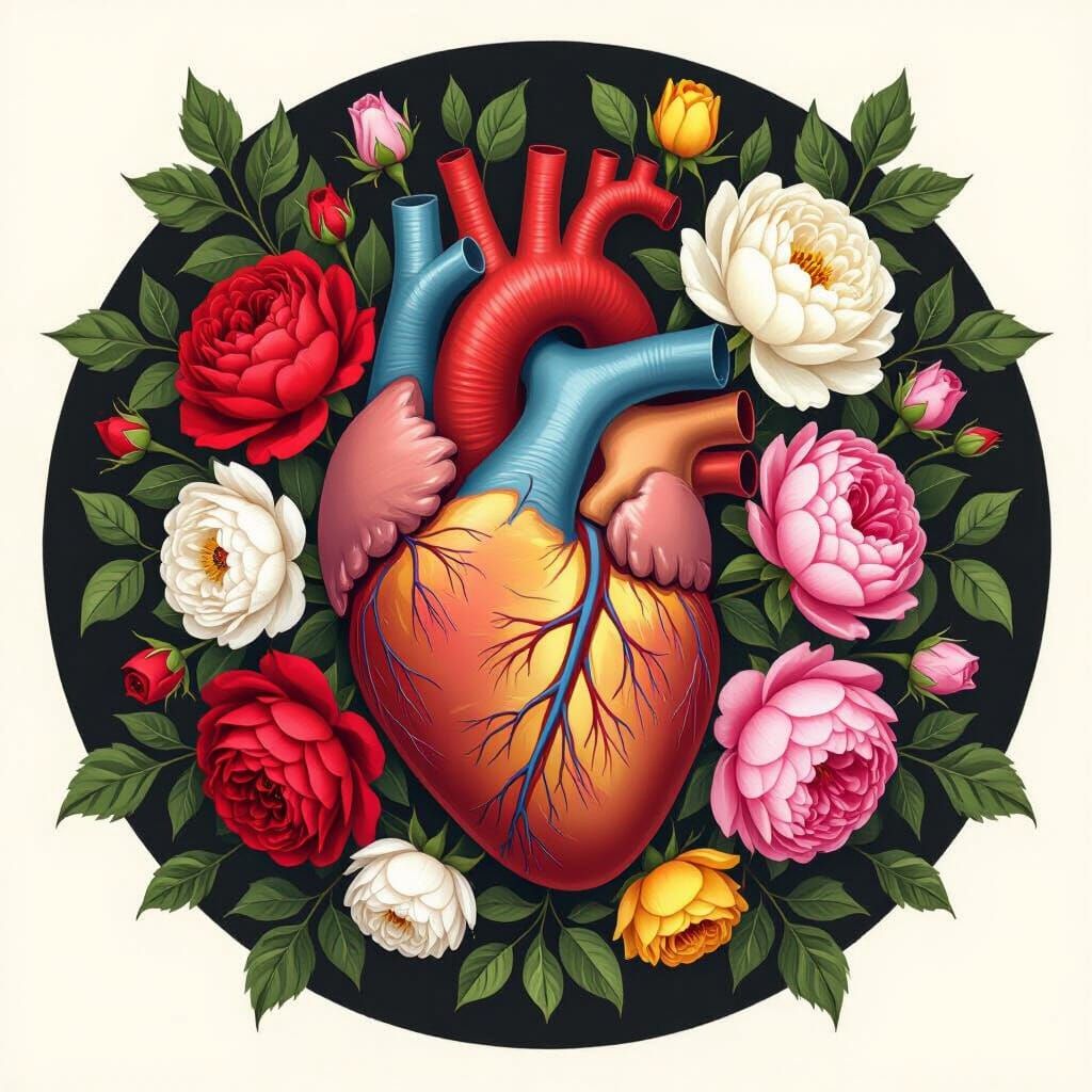 Anatomical Heart With Roses, Surrealist Floral Art