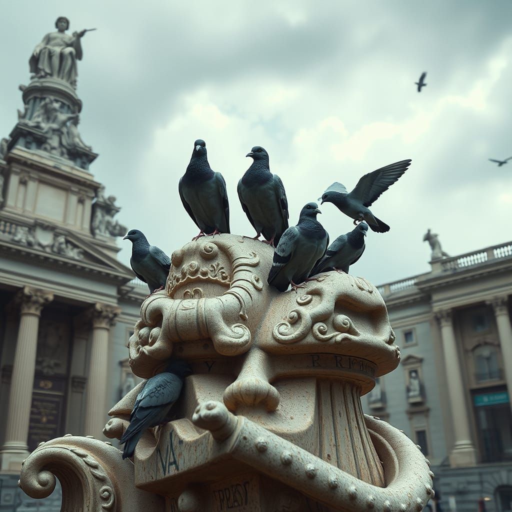 Pigeons on Dusty Greek Statue in Grand Plaza