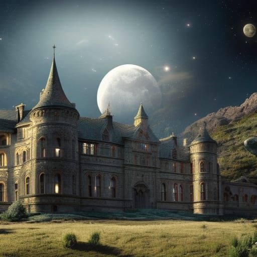 Castle on Hill Under Giant Moon, Photorealistic Style