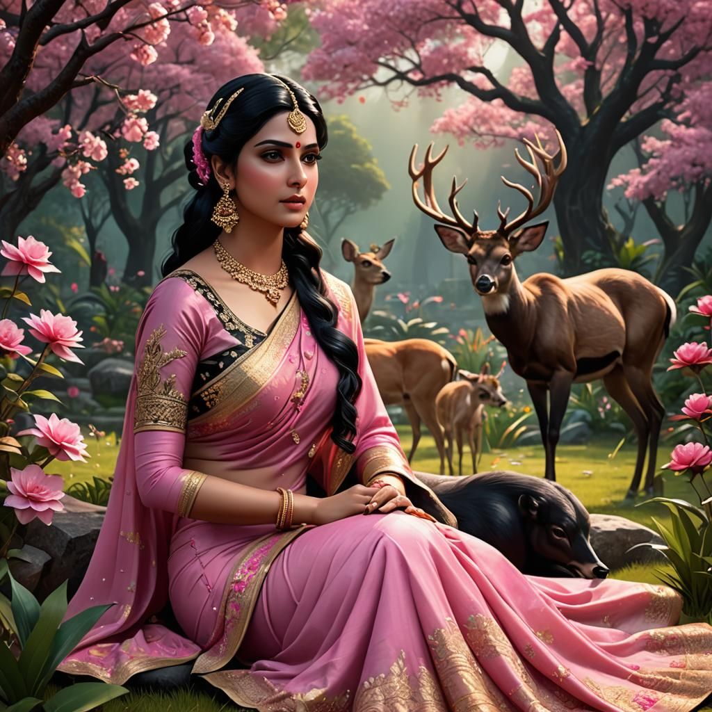 Animated Woman in Saree: 3D Garden Scene