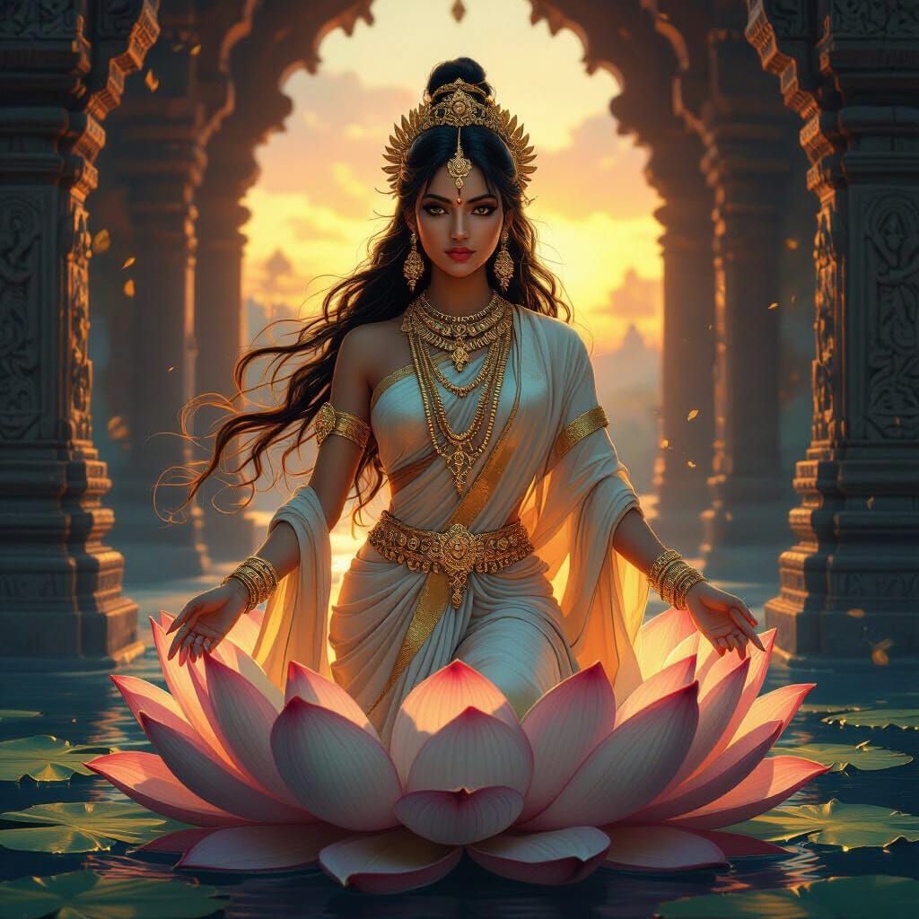 Indian Goddess Emerges from Lotus in Digital Painting