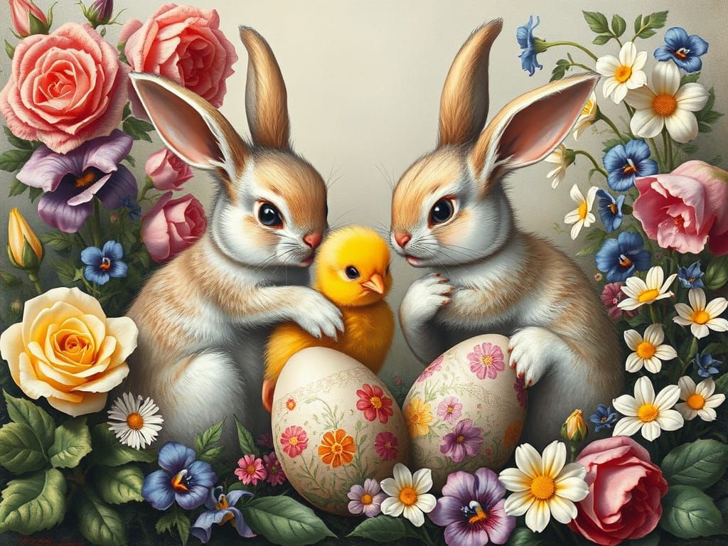 Whimsical Bunnies and Chick in Renaissance Style