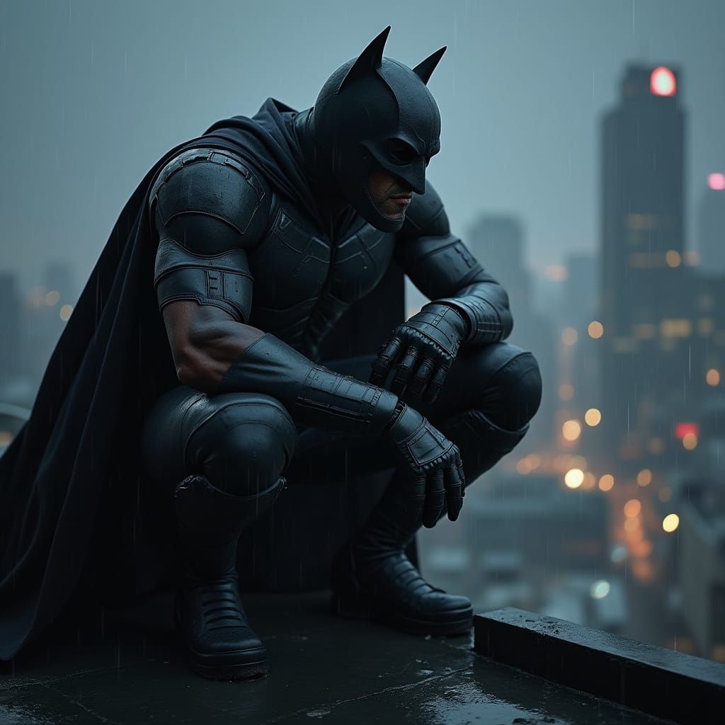 Muscular Hero Hunkered on Rooftop Overlooking Rainy City