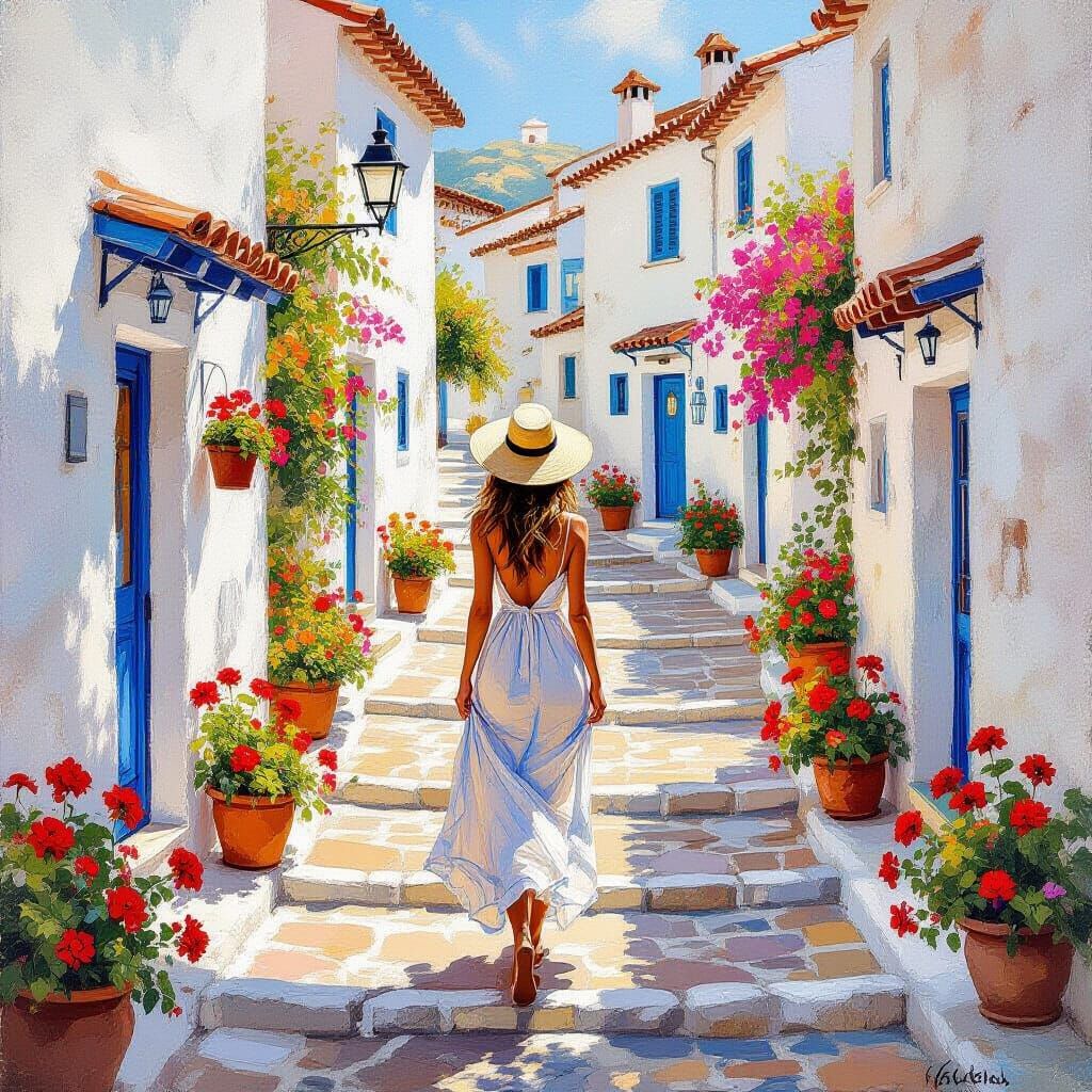 Mediterranean Village Scene in Impressionist Style