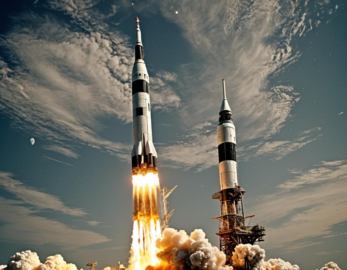 Saturn V Rocket Battleship in Retrofuturistic Space