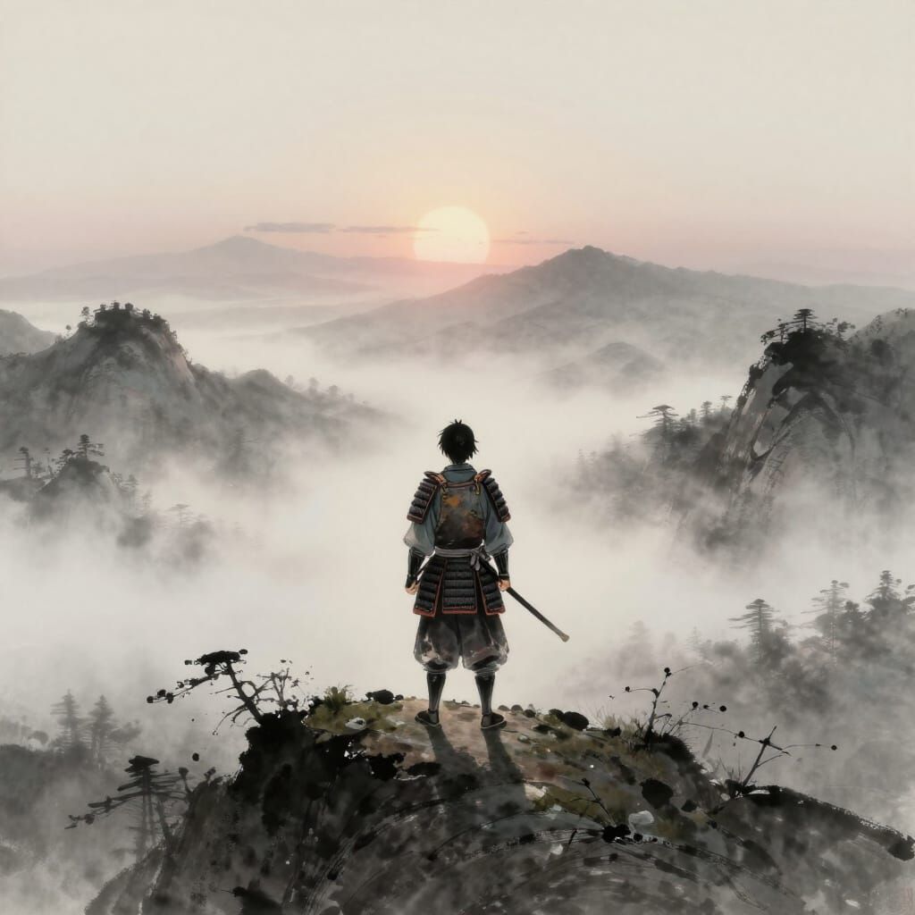 Samurai on Misty Peak in Gentle Morning Light