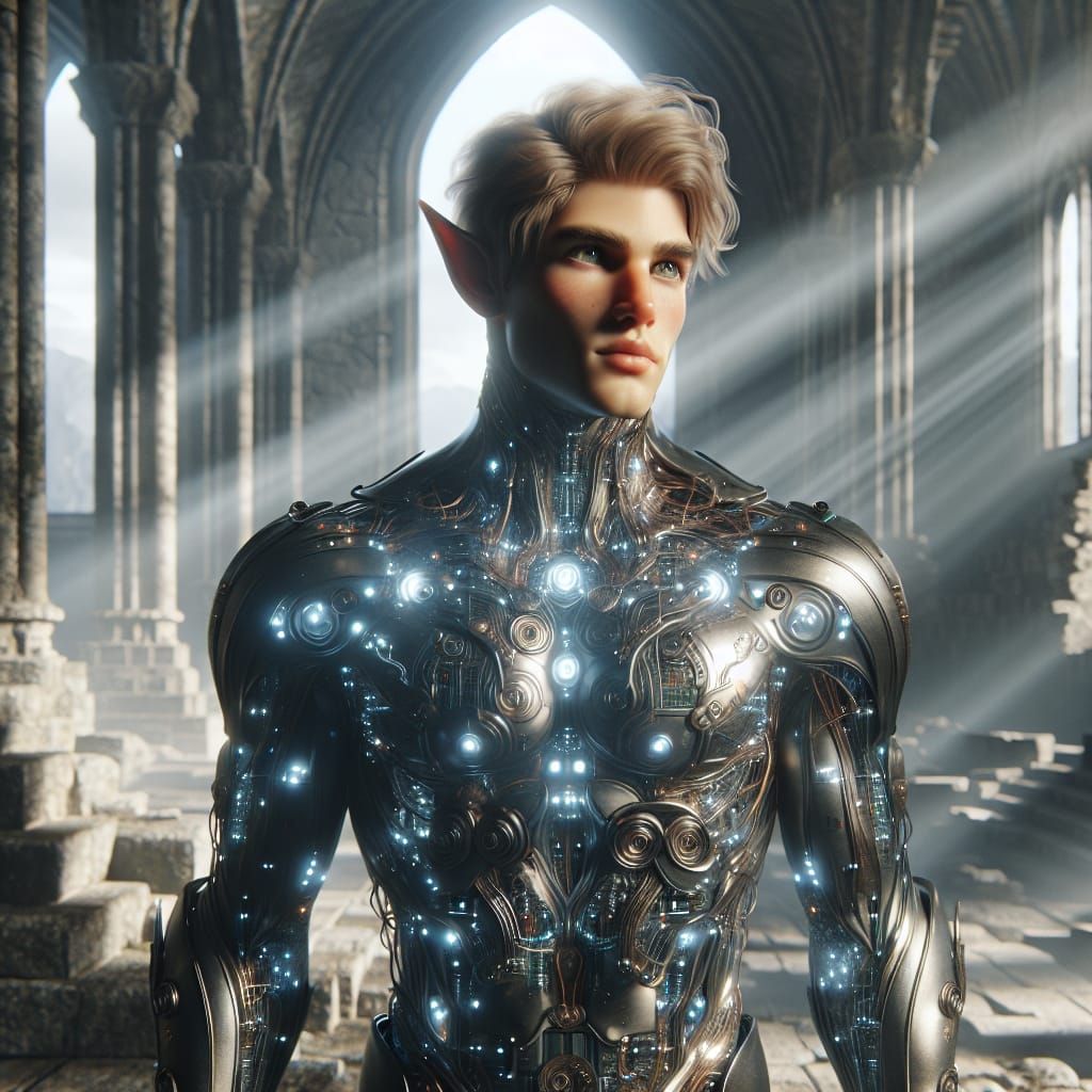 Ethereal Elf in Cybernetic Armor Amidst Ruins