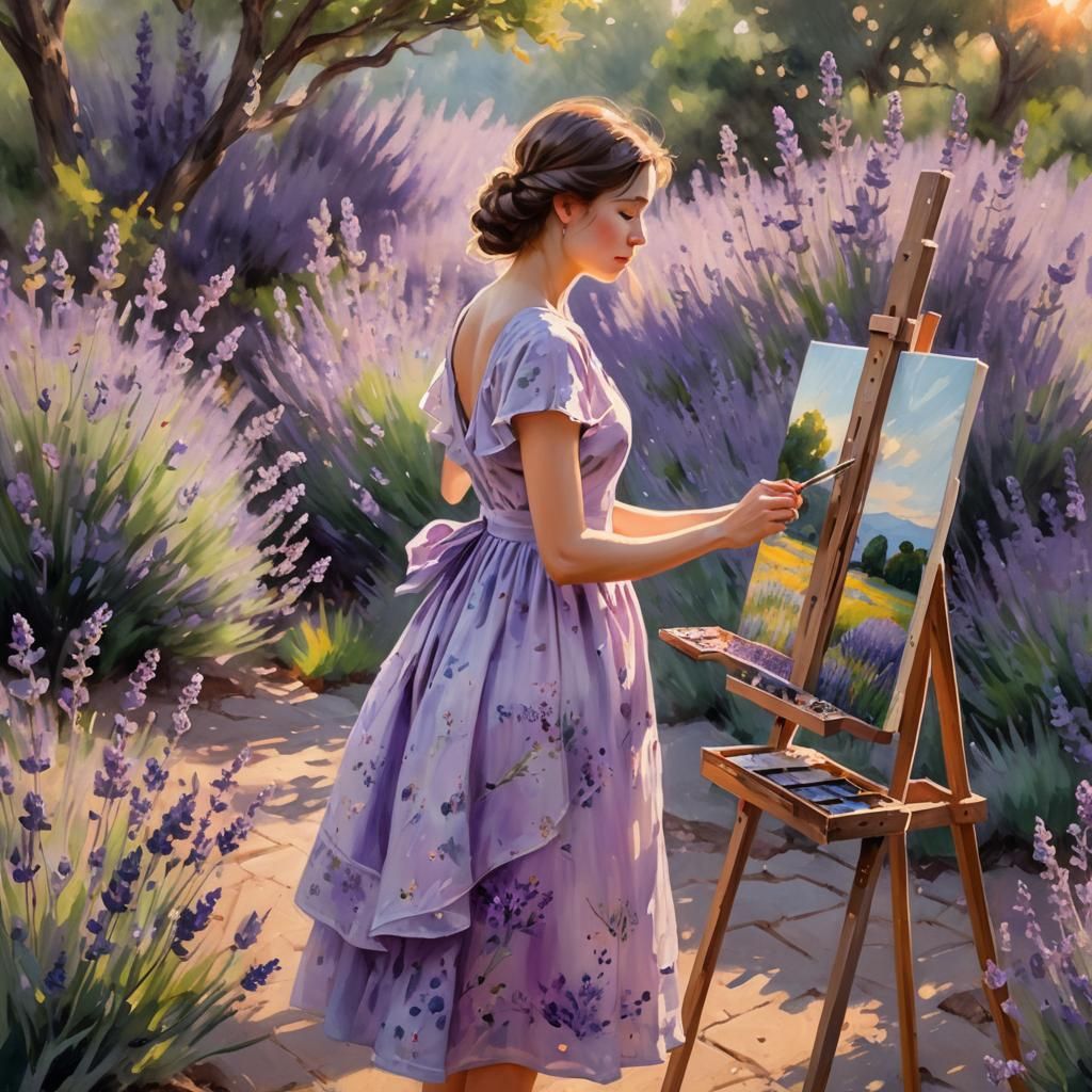 Woman Painting Lavender Field in Detailed Matte Style