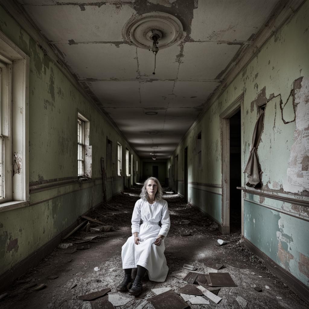 Eerie Abandoned Asylum Scene with Solitary Woman
