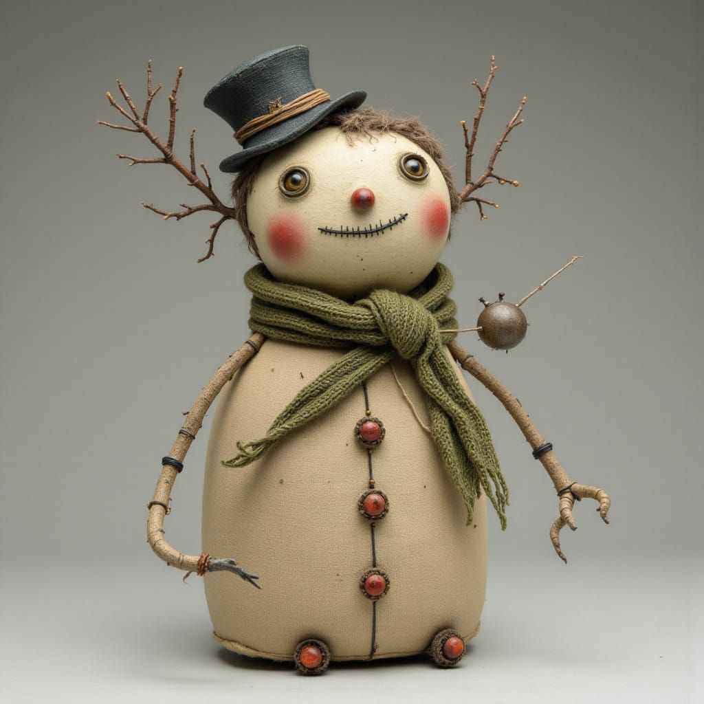 Primitive Grungy Snowman with Clay Head and Muslin Body