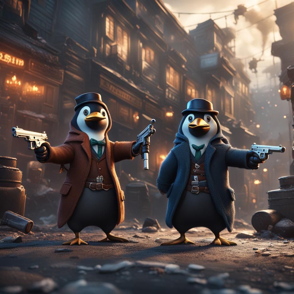 Gangster Pingu Duel Wielding Guns: Detailed Matte Painting