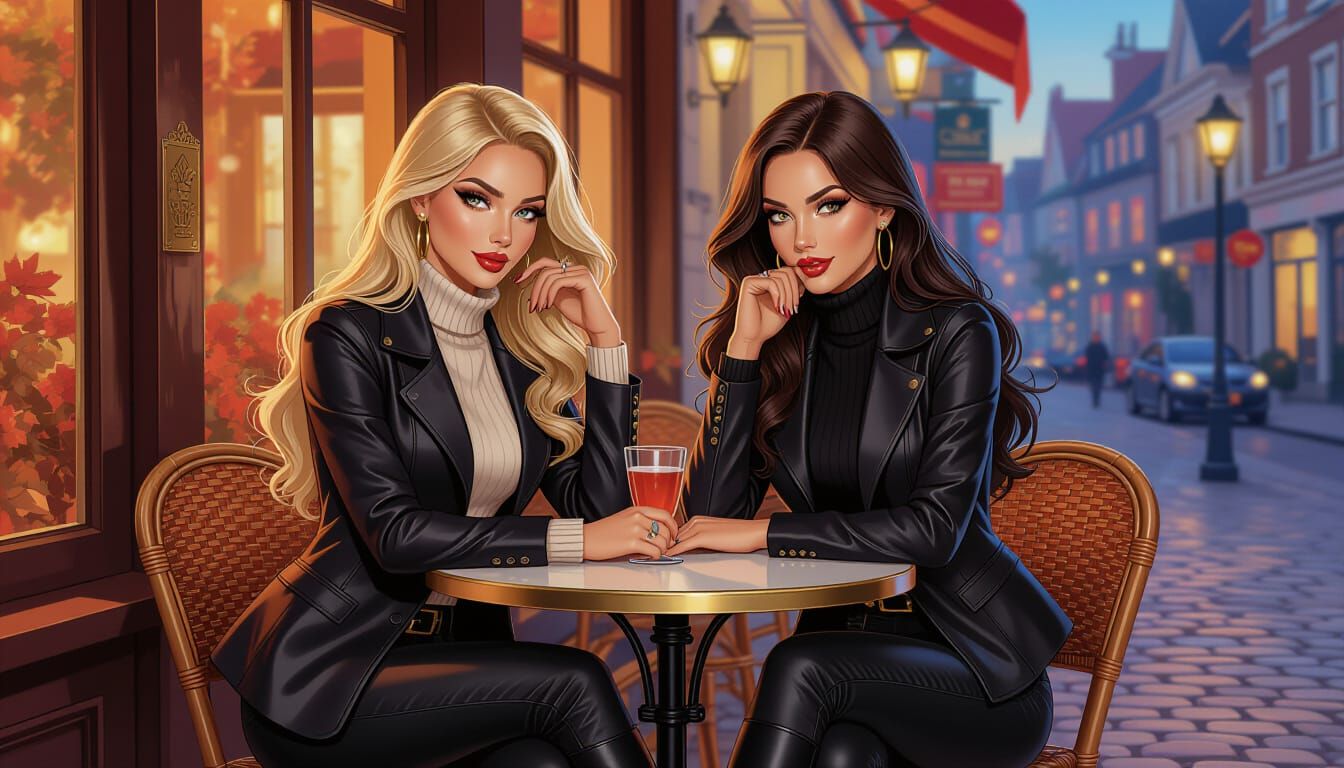 Glamorous Pinup Models in Autumn Cafe, Comic Art Style