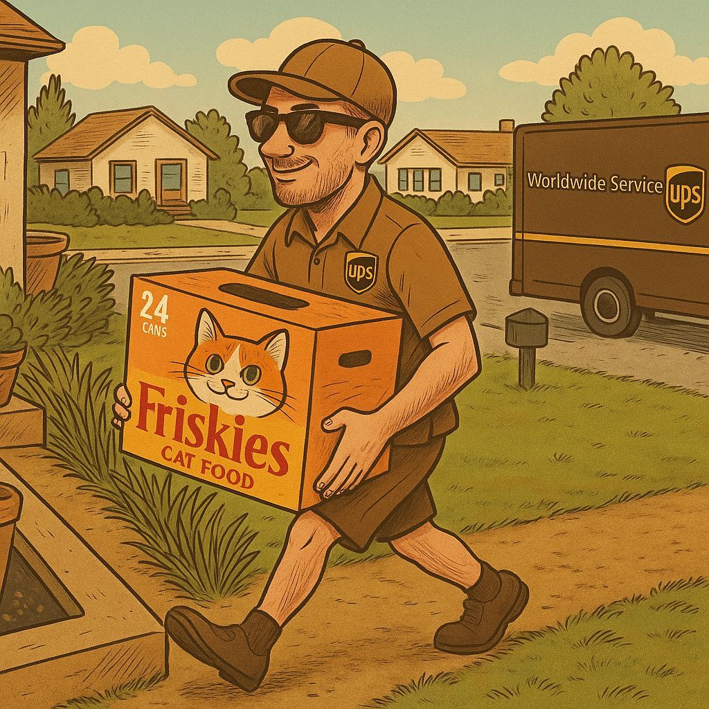 Man Carries Friskies Cat Food Case in Cartoon Style
