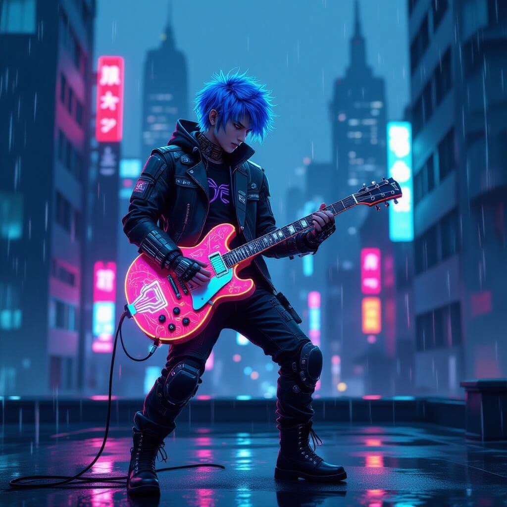 Electric Blue Haired Man Plays Holographic Guitar on Cyberpu...