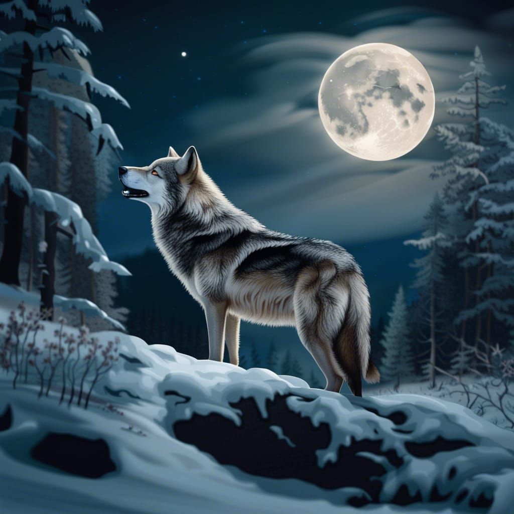 Winter Wolf Howling at the Moon
