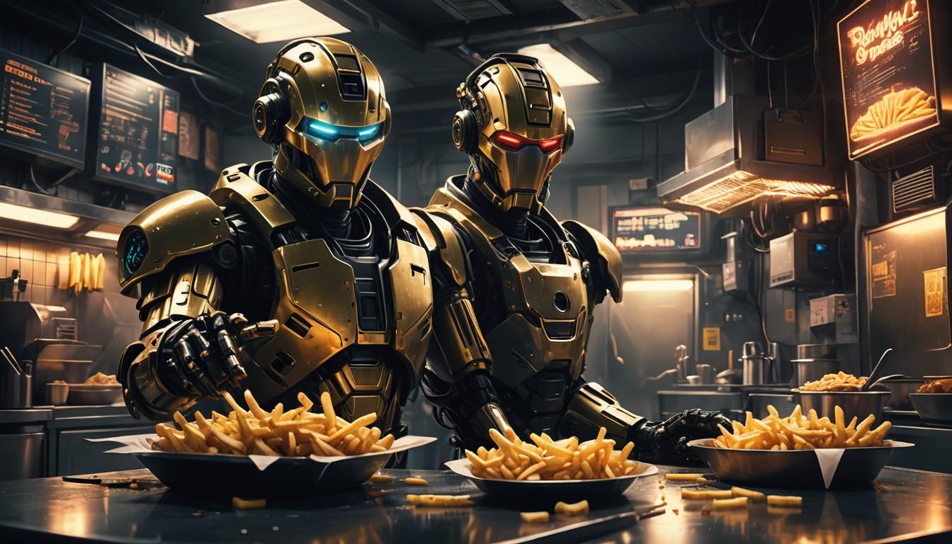 Cyberpunk Robot Chef with French Fries