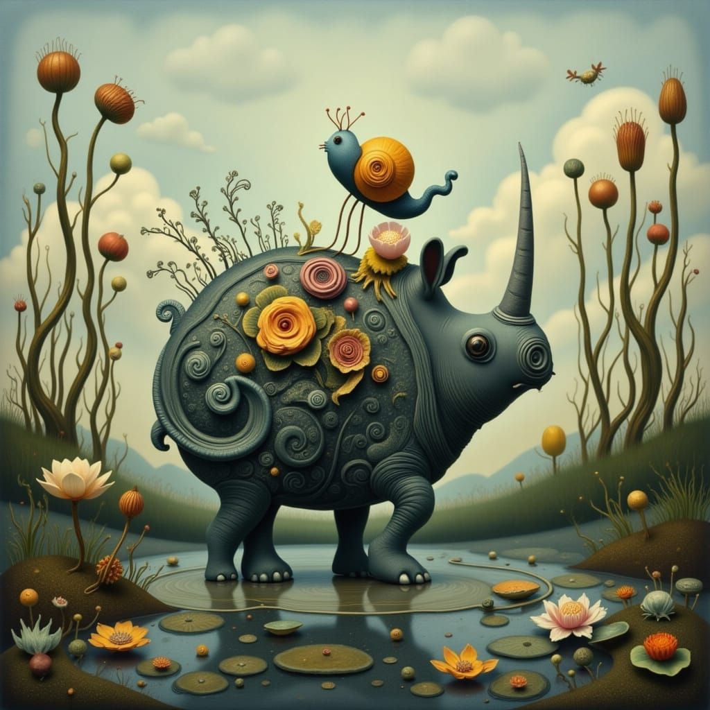 Rhino with Snail Shell in Dreamy Marsh