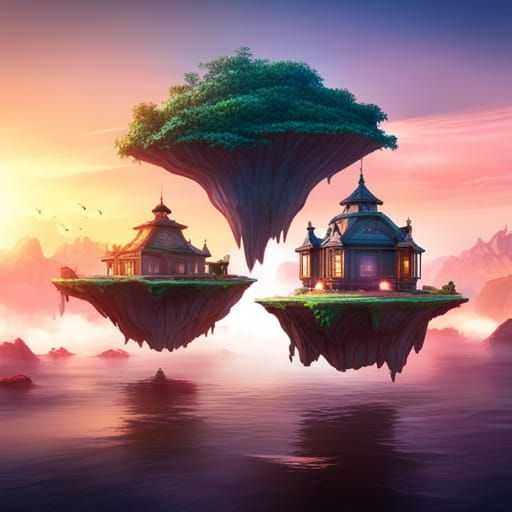 Floating Islands with Flying Cats: Fantasy Concept Art