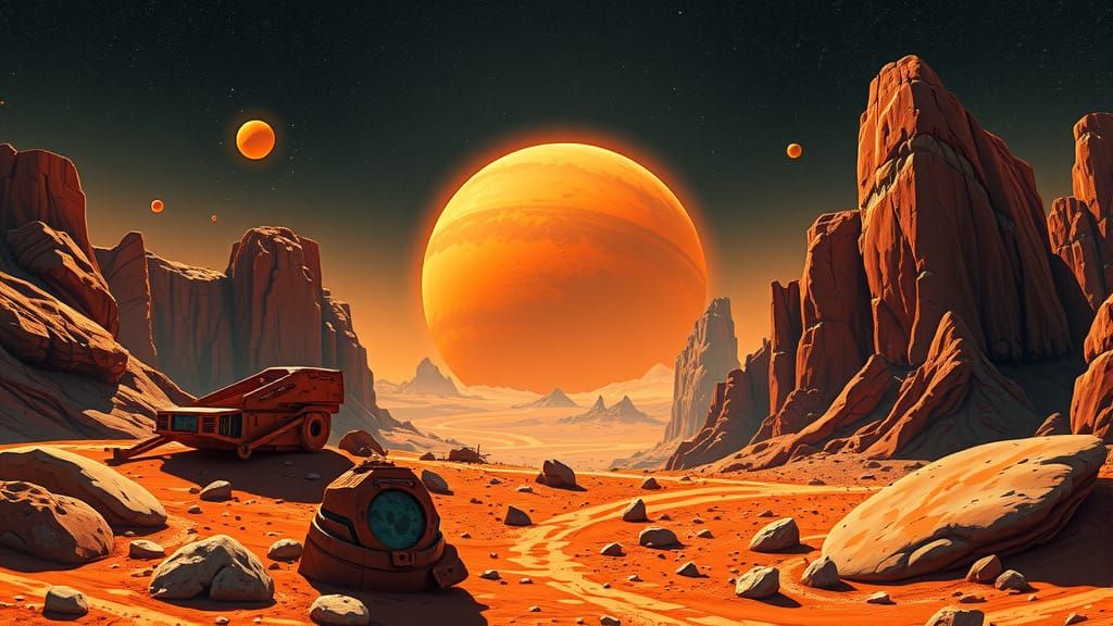 Retro-Futuristic Mars Landscape in Abstract Art Style