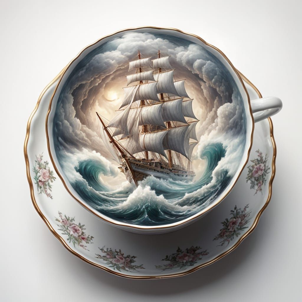 Stormy Seas in Teacup: Luminism Style Sailing Ship