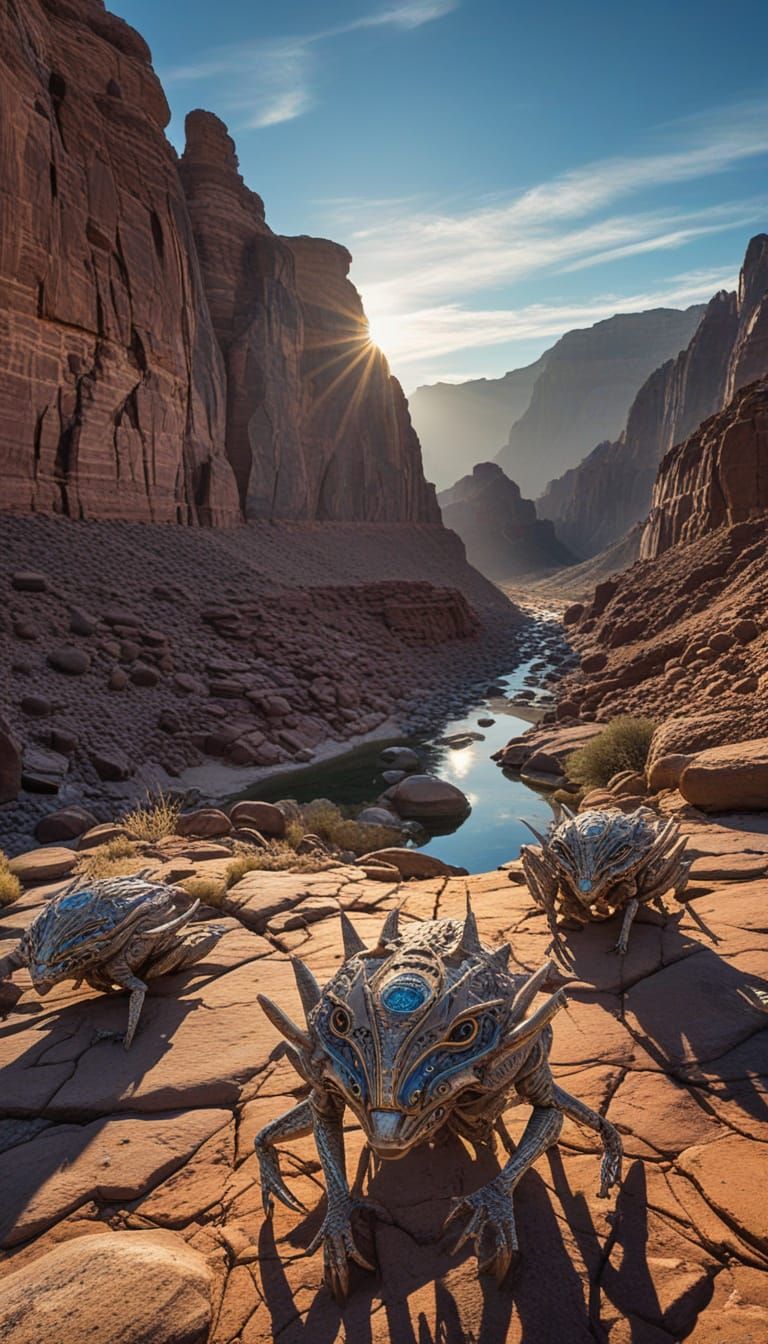 Surreal Digital Art of Alien Seated in Desert Canyon Landsca...