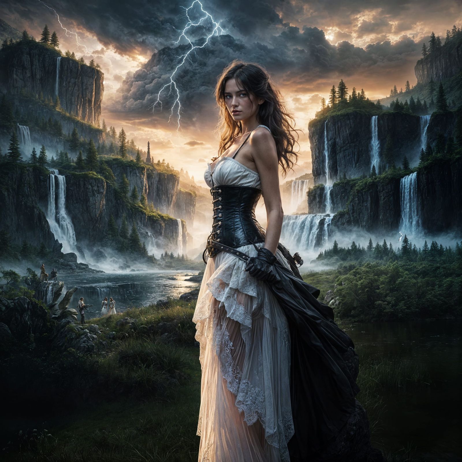 Ethereal Woman with Revolver in Stormy Landscape