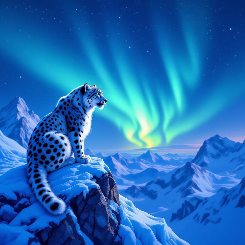 Majestic Futuristic Snow Leopard King Under Aurora