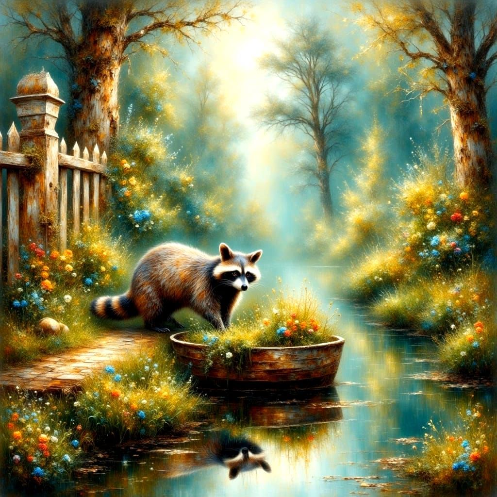 Whimsical Raccoon Raid on a Colorful Veggie Patch in an Ethe...