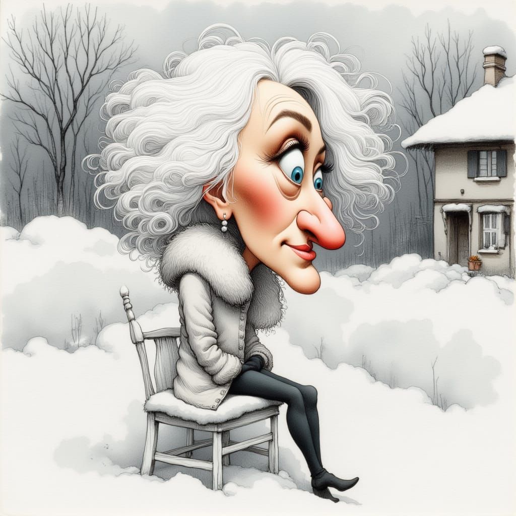 Caricature Portrait of Woman in Snowy Landscape