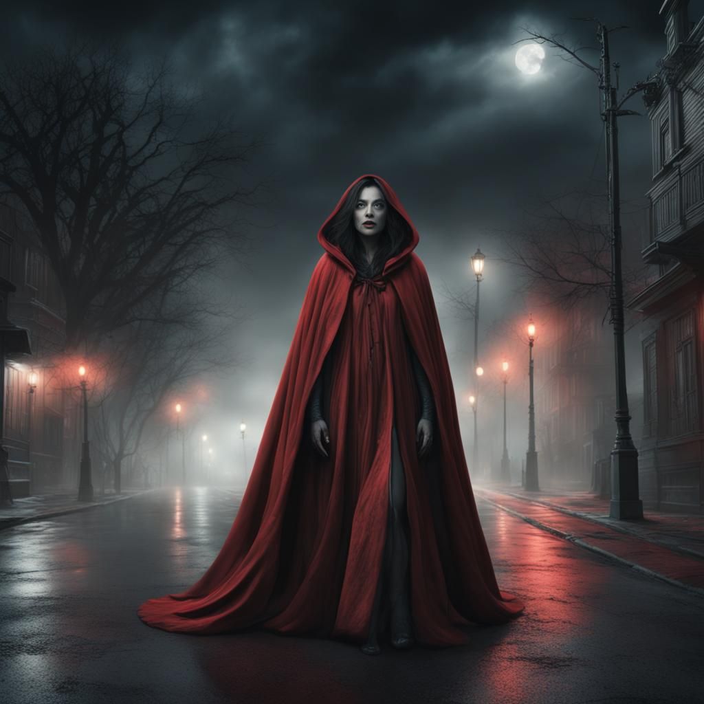 Eerie Ghostly Woman on Foggy Street at Night