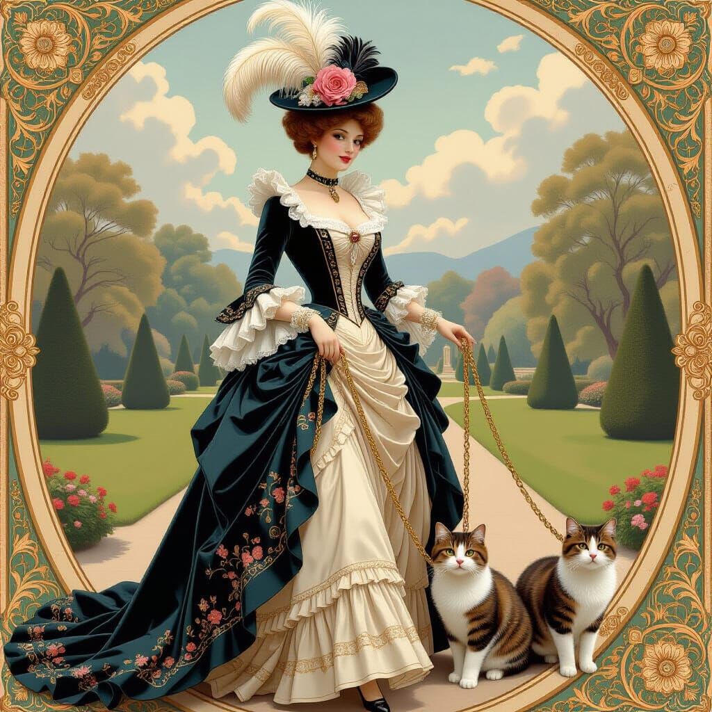 Baroness with Cats in Palace Park, Elegant Digital Painting