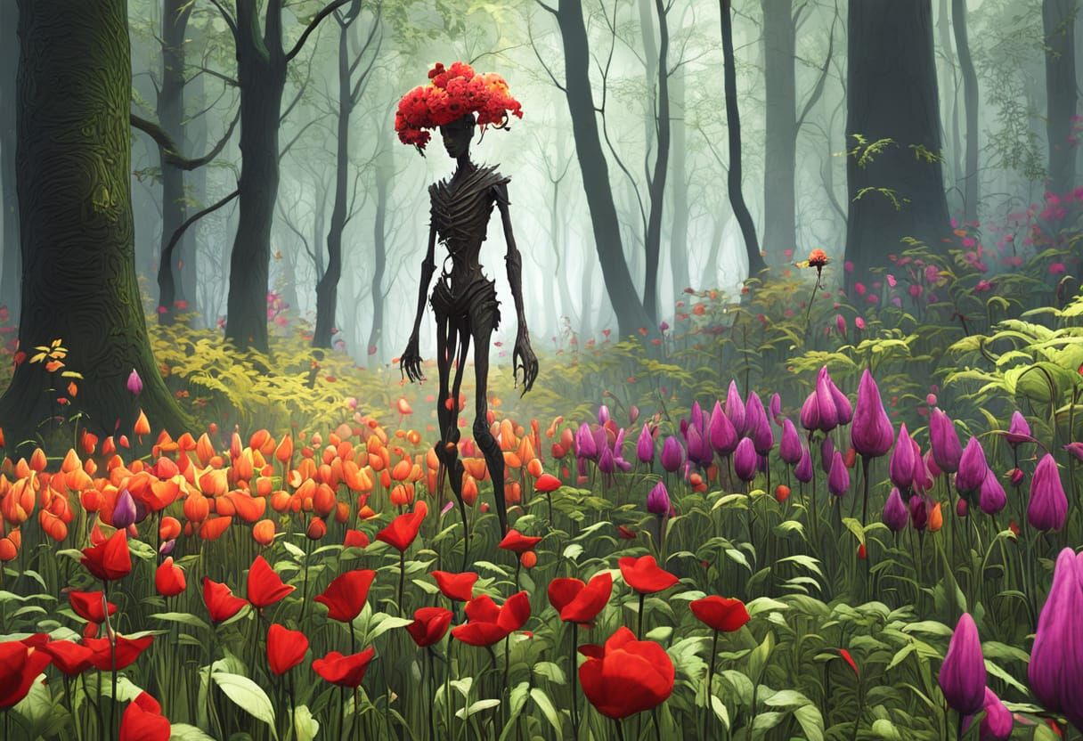 Treant Offering Flower in Misty Forest: Dark Fantasy Art