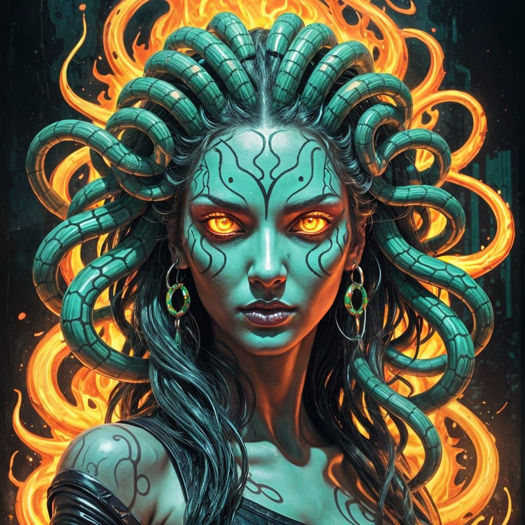 Cyberpunk Medusa with Neon Flames Graffiti Art