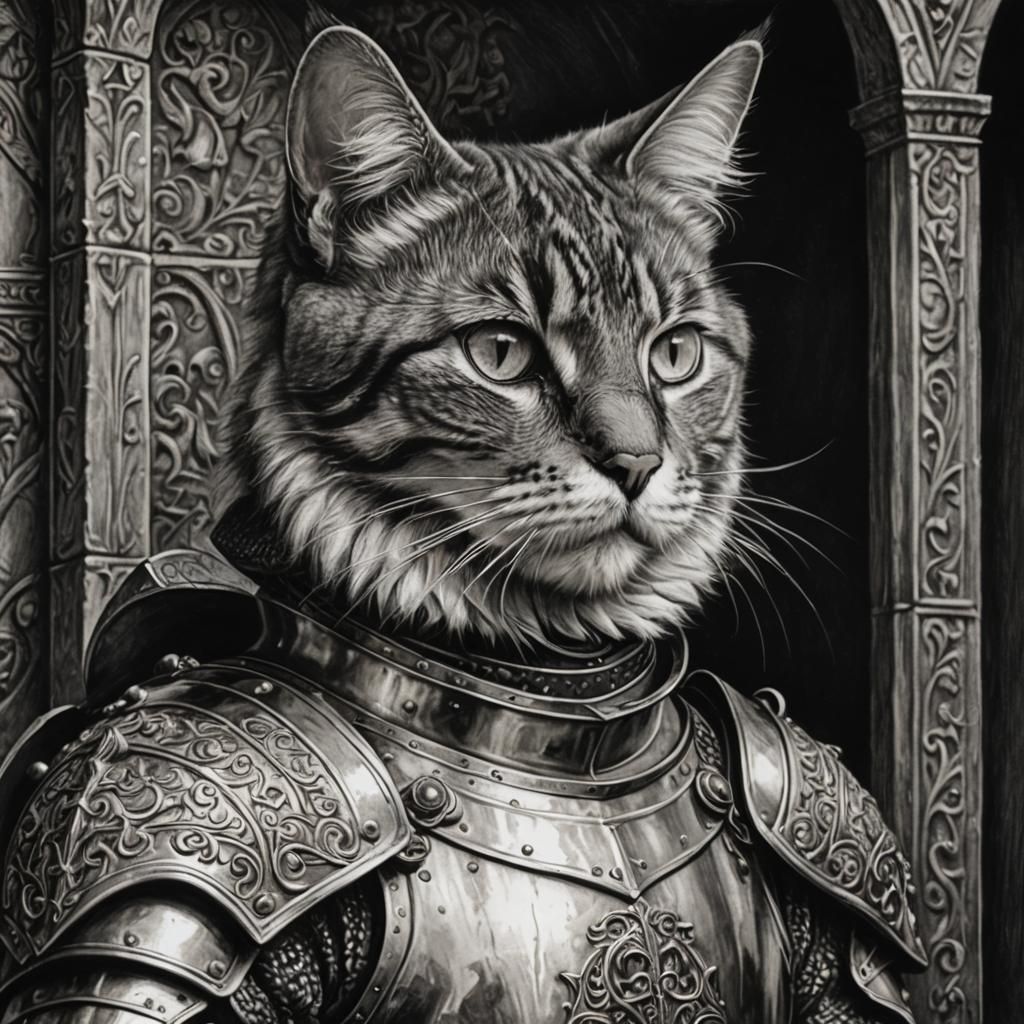 Cat in Medieval Armor: Charcoal Drawing