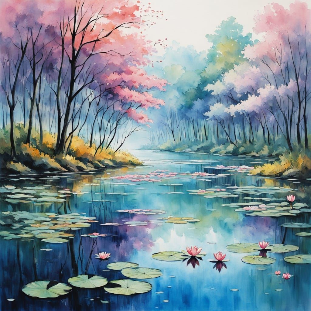 "Large lotus flowers" floating down the river, vibrant colours of pink, white, purple and orange, gracefully floating do...