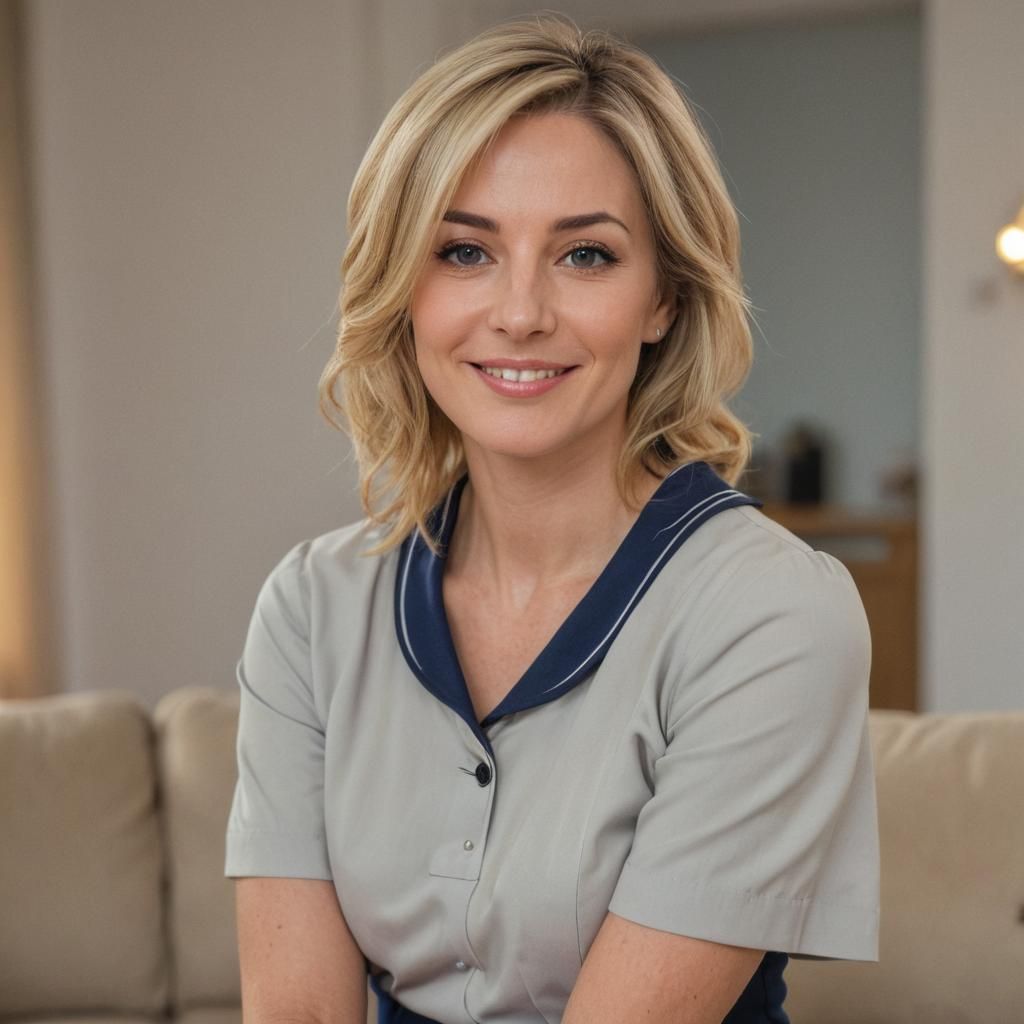 Petite Woman in Blue Uniform with Naughty Smile