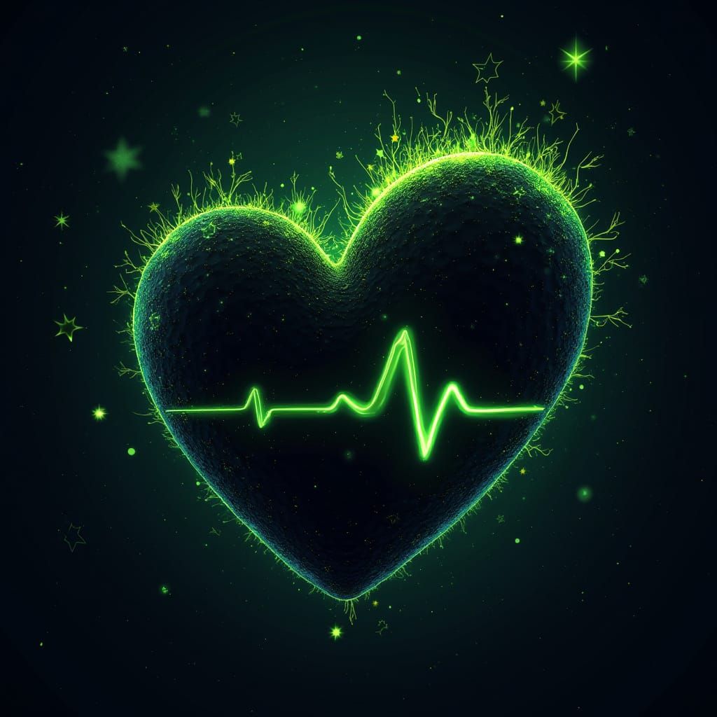 Digital Heartbeat Radiates from a Black Heart, Surrounded by...