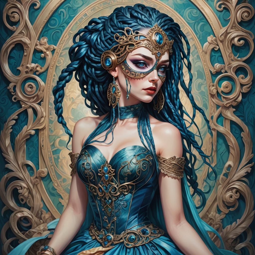 Blue-Haired Woman at Masquerade Ball in Anna Dittman Style
