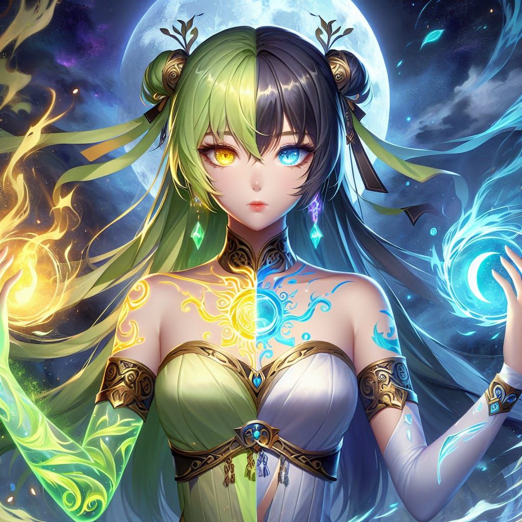 Anime Elementalist with Sun and Moon Tattoos