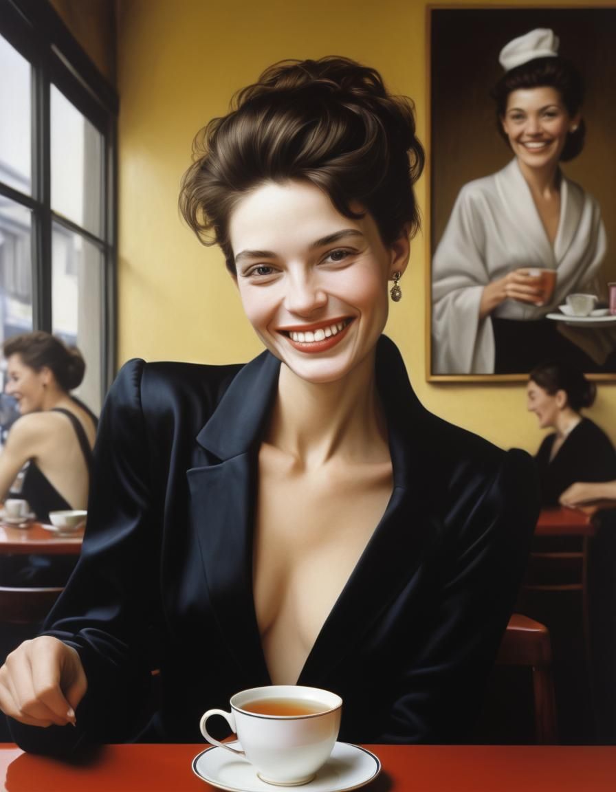 Photorealistic Portrait: Woman Having Tea in Cafe