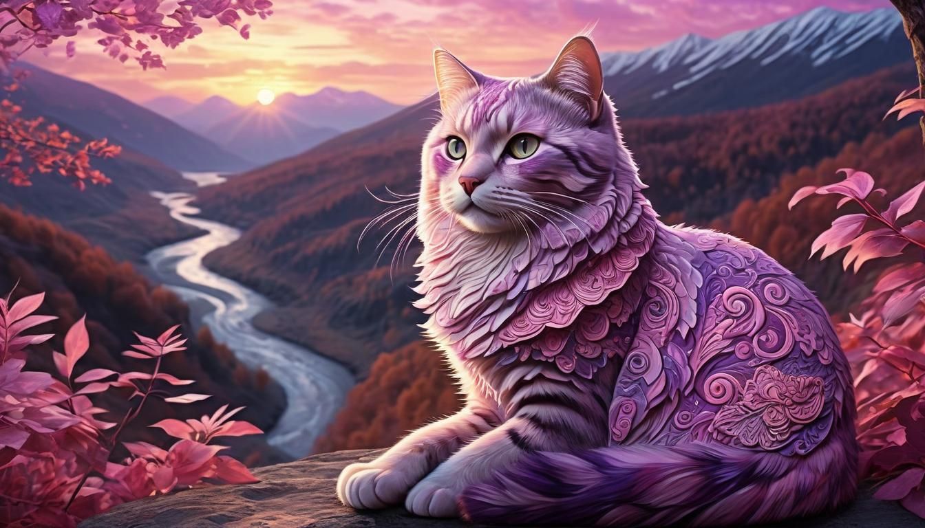 Paisley Cat Watching Pink Sunset in Autumn Forest