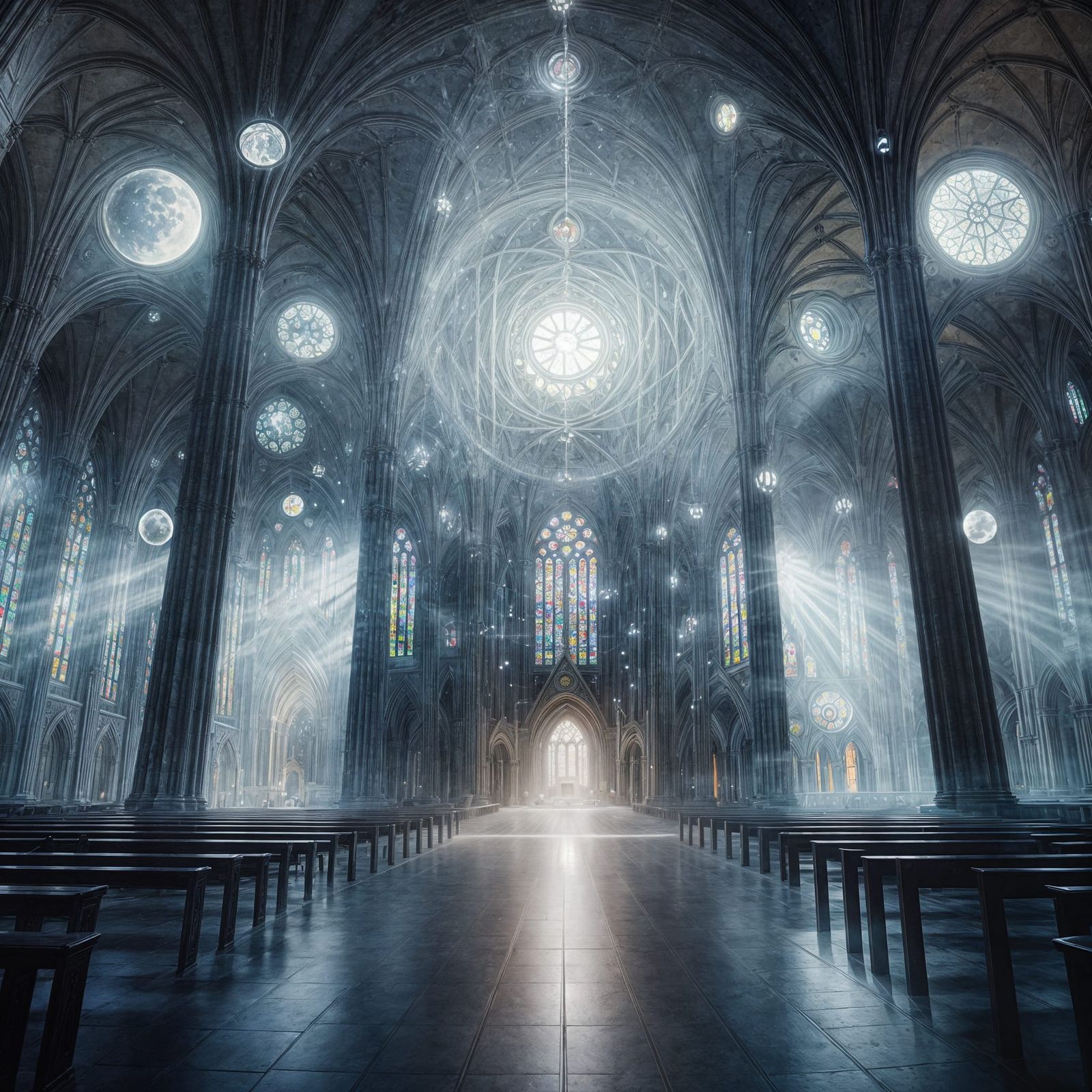 Alien Cathedral Bathed in Moonlight Through Stained Glass