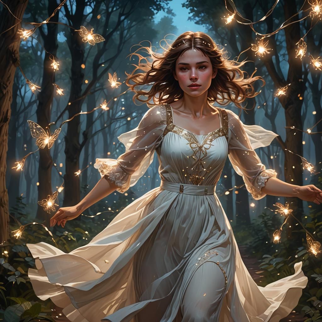 Woman Running in Forest with Fairy Lights, Detailed Portrait