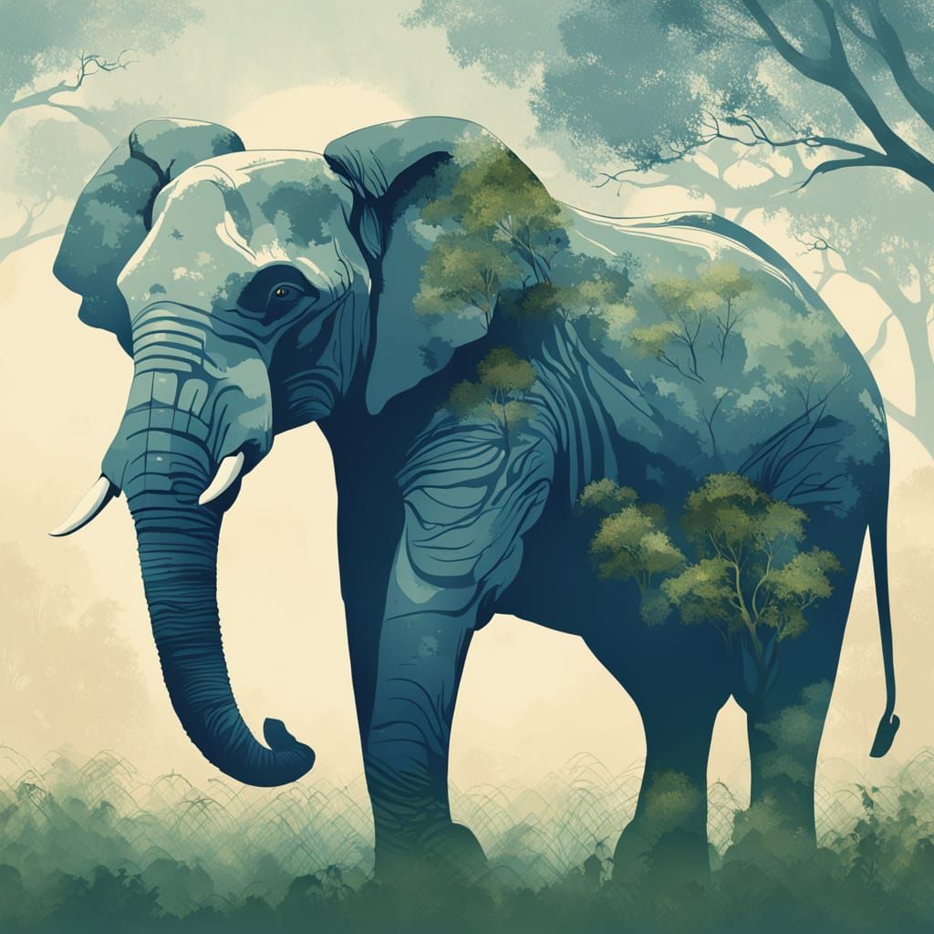 Elephant Silhouette with Forest Overlay on Savannah